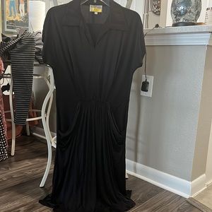 Shirt collared dress waisted with 2 large pockets.